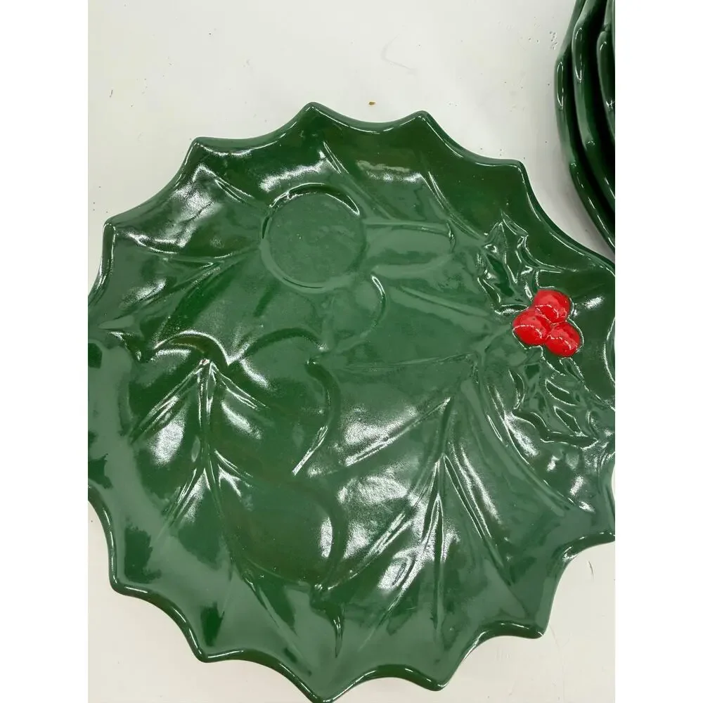 Vintage Holland Mold Holly Berry Cup Saucer Set 6 Christmas Green Ceramic 1970s